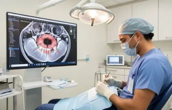 Dentist reviewing 3D digital planning scan for complete mouth dental implants using advanced imaging technology