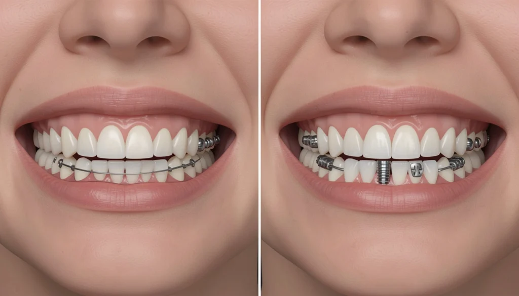 Before and after comparison of complete mouth dental implants showing implant-supported full-arch restoration