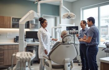 Dentist and dental team discussing treatment with a patient in a modern dental clinic, featuring advanced equipment and a comfortable, welcoming environment.
