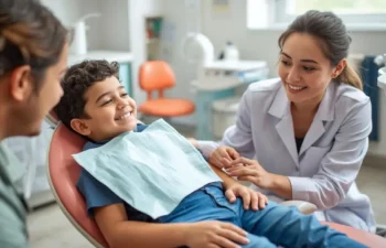 Pediatric dentist comforting a smiling child during a gentle first dental visit.
