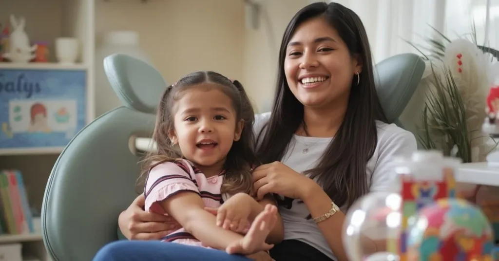 Smiling parent holding a young child in a comfortable pediatric dental chair during a calm first dental visit.