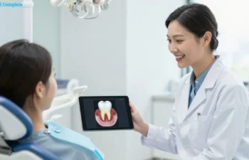 Dentist showing dental implant scan to patient in modern clinic