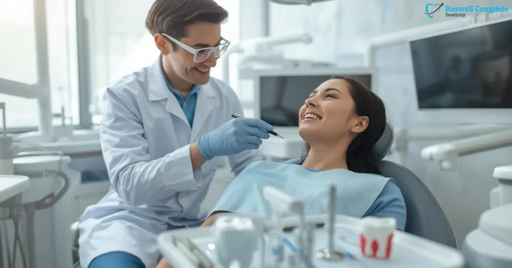 Dentist treating smiling patient in modern dental clinic setting