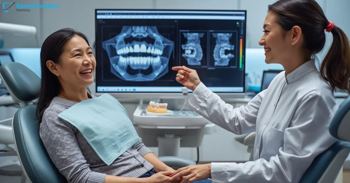 Dentist showing 3D dental implant scan to patient during consultation in Roswell
