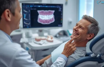 Patient discussing full mouth dental implants with dentist in modern clinic