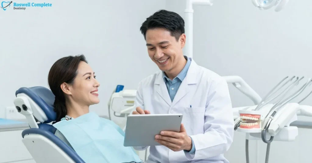 Dentist discussing dental implant plan with patient in dental chair