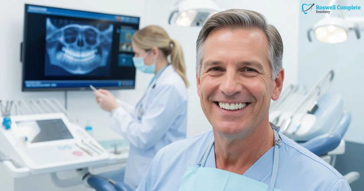 Smiling patient in clinic for Dental Implants Full Mouth Roswell care