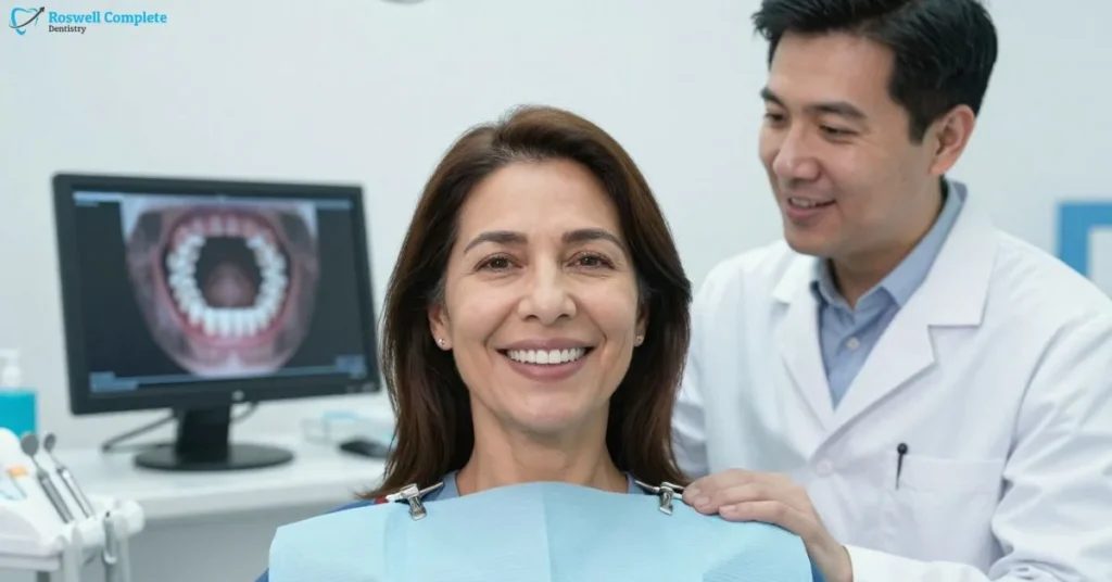 Patient with dentist during Dental Implants Full Mouth Roswell treatment