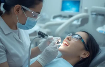 Dentist performing laser gum treatment on patient in clinic
