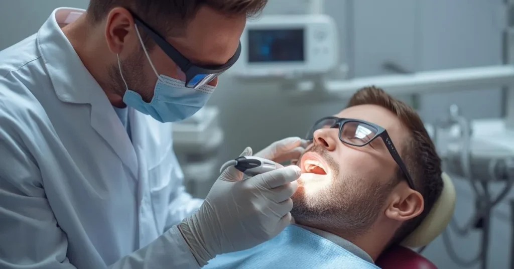 Dental laser procedure for gum disease treatment on male patient