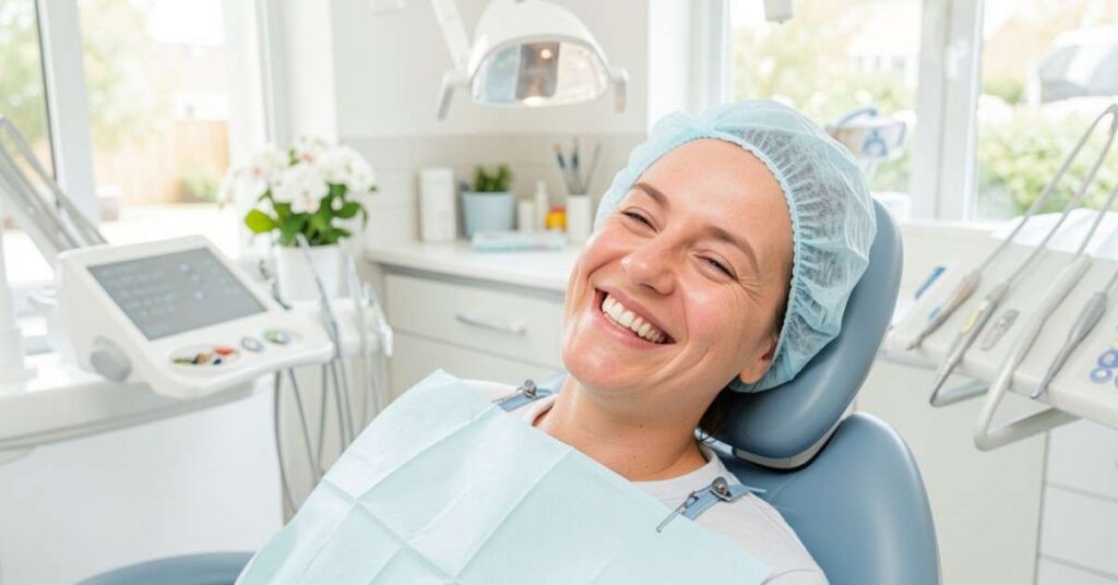 Happy patient smiling in dental chair after treatment