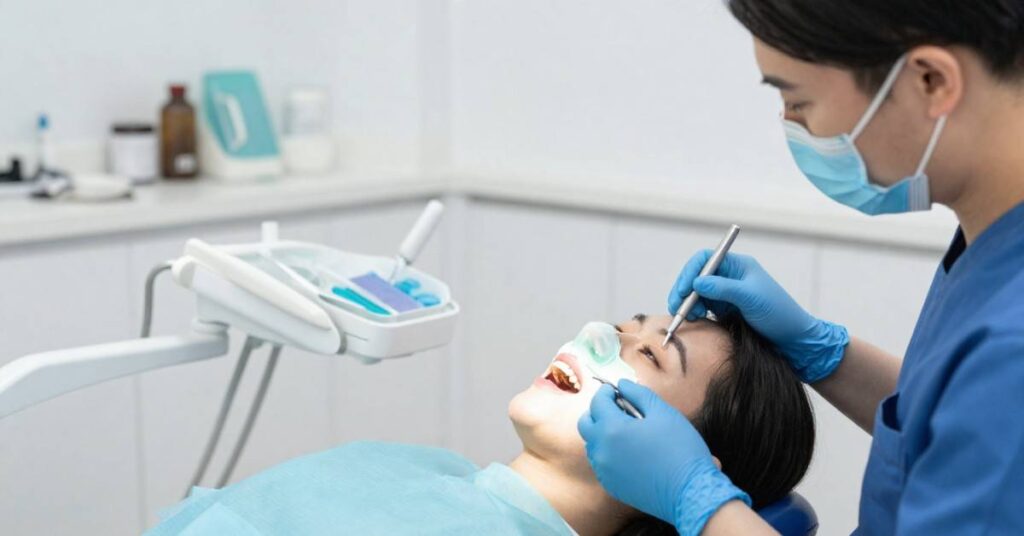 Dentist performing oral procedure in clean clinic setup
