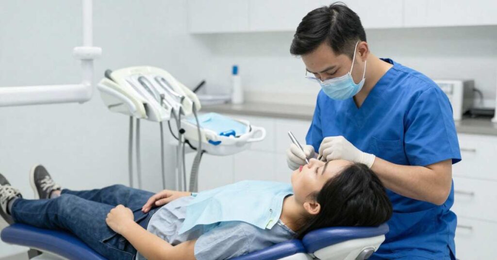 Dentist treating patient in modern dental clinic setup